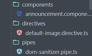 Small Angular project file tree with different file types highlighted with differently colored icons