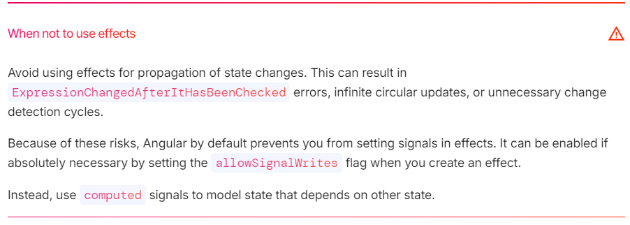 Second paragraph at https://angular.dev/guide/signals#use-cases-for-effects